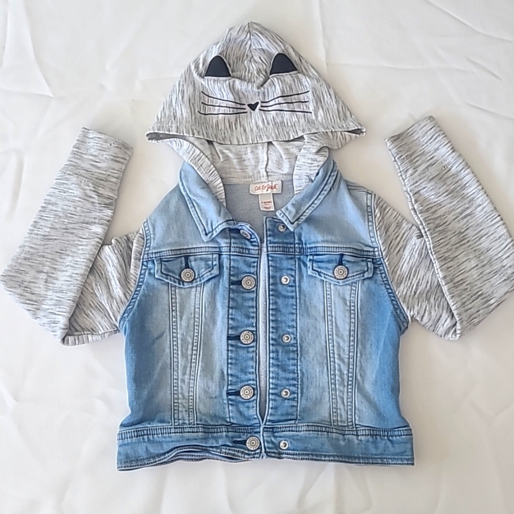 💙 Girls Cat & Jack Denim Jacket with cat ears and whiskers hood, size small💙